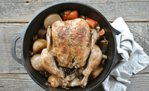 Dutch Oven Whole Chicken With Root Vegetables And Mushrooms