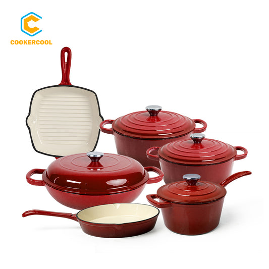 COOKERCOOL Set di pentole in ghisa smaltata 6 pezzi, rosso