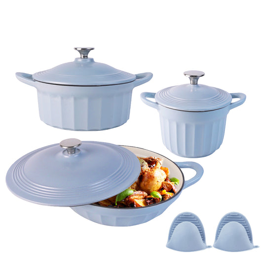 Light Blue Enamelled Vertical Grain Cookware Set