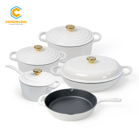 COOKERCOOL Casr Iron Enamel Cookware Set, Bianco