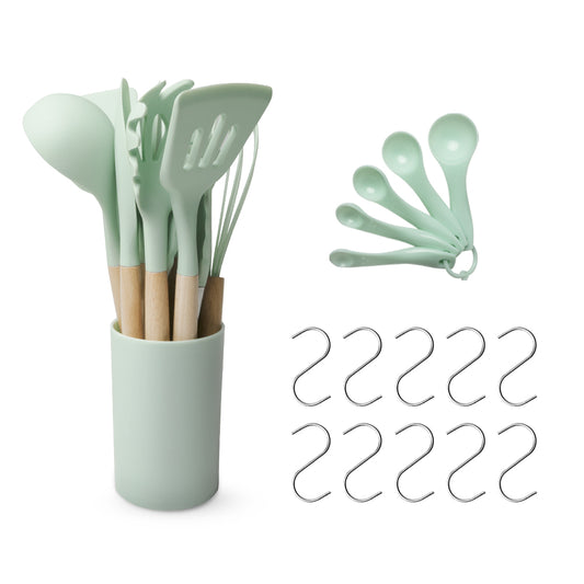 Set di 10 utensili in silicone con struttura in legno e secchio 