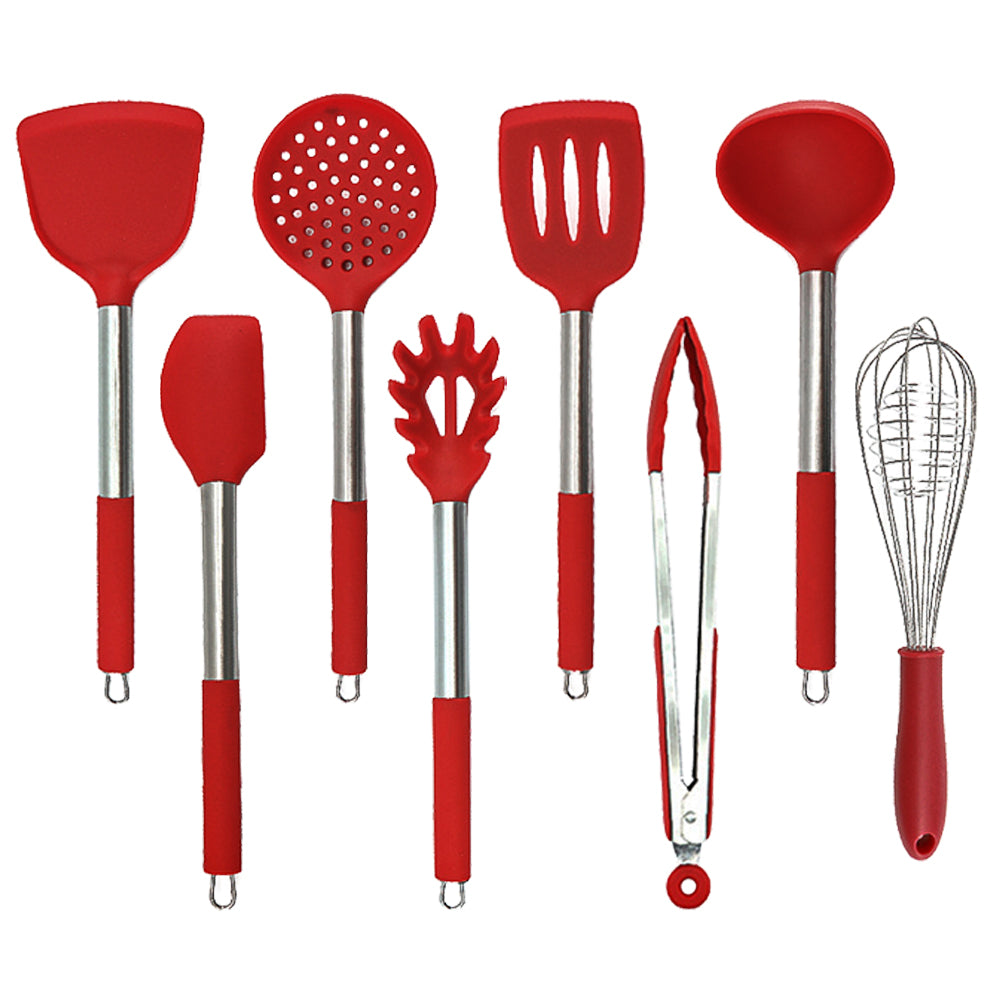 Set di 8 utensili in silicone con telaio in acciaio inox