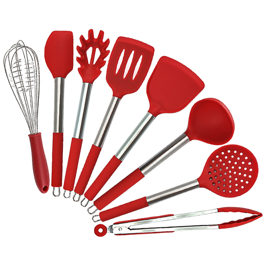 Set di 8 utensili in silicone con telaio in acciaio inox