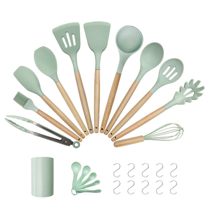 Set di 10 utensili in silicone con struttura in legno e secchio 