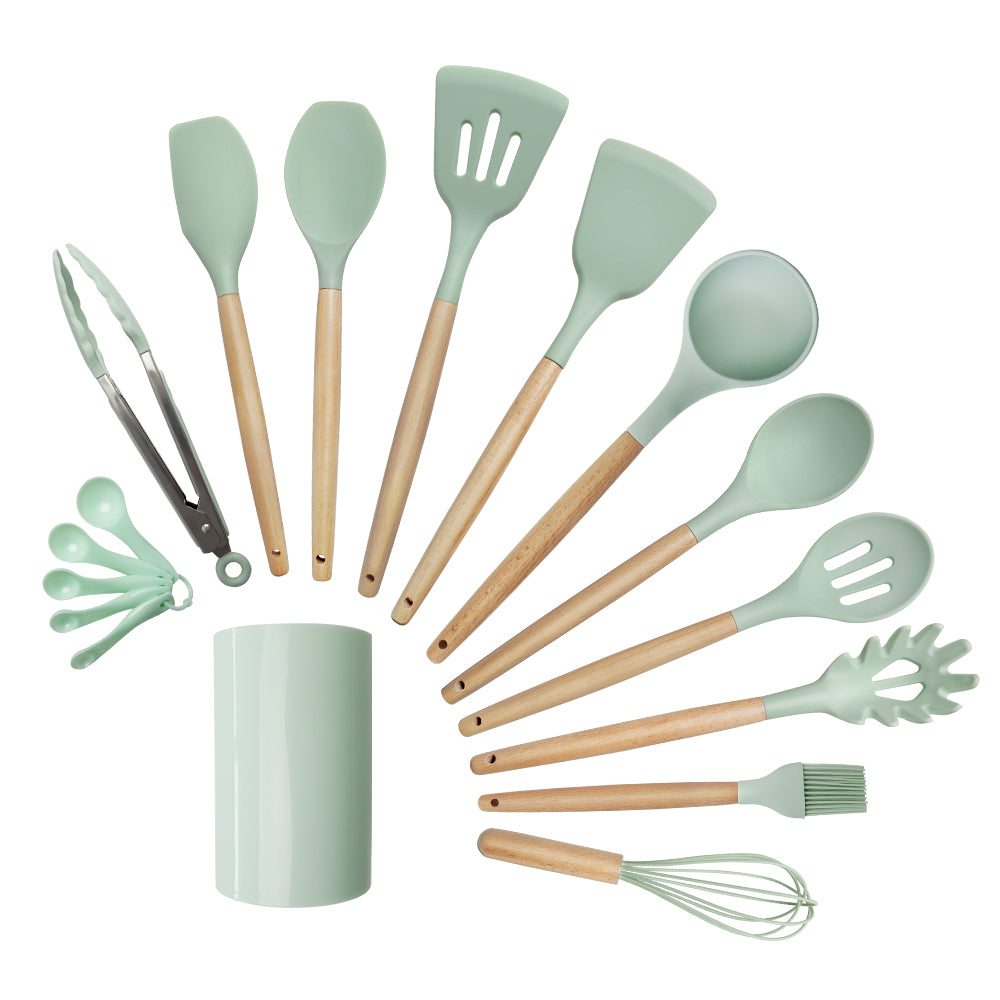 Set di 10 utensili in silicone con struttura in legno e secchio 