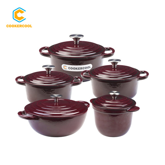 COOKERCOOL Casr Iron Enamel Cookware Set, 5 pezzi, rosso vino